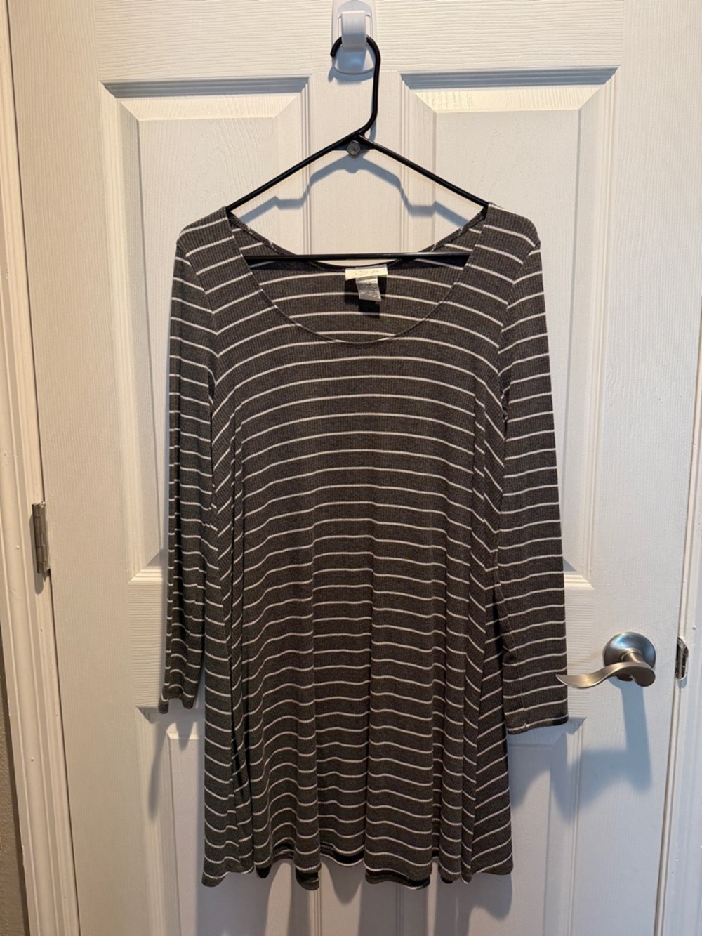 RD Style Gray & White Striped Long Sleeve Swing Dress